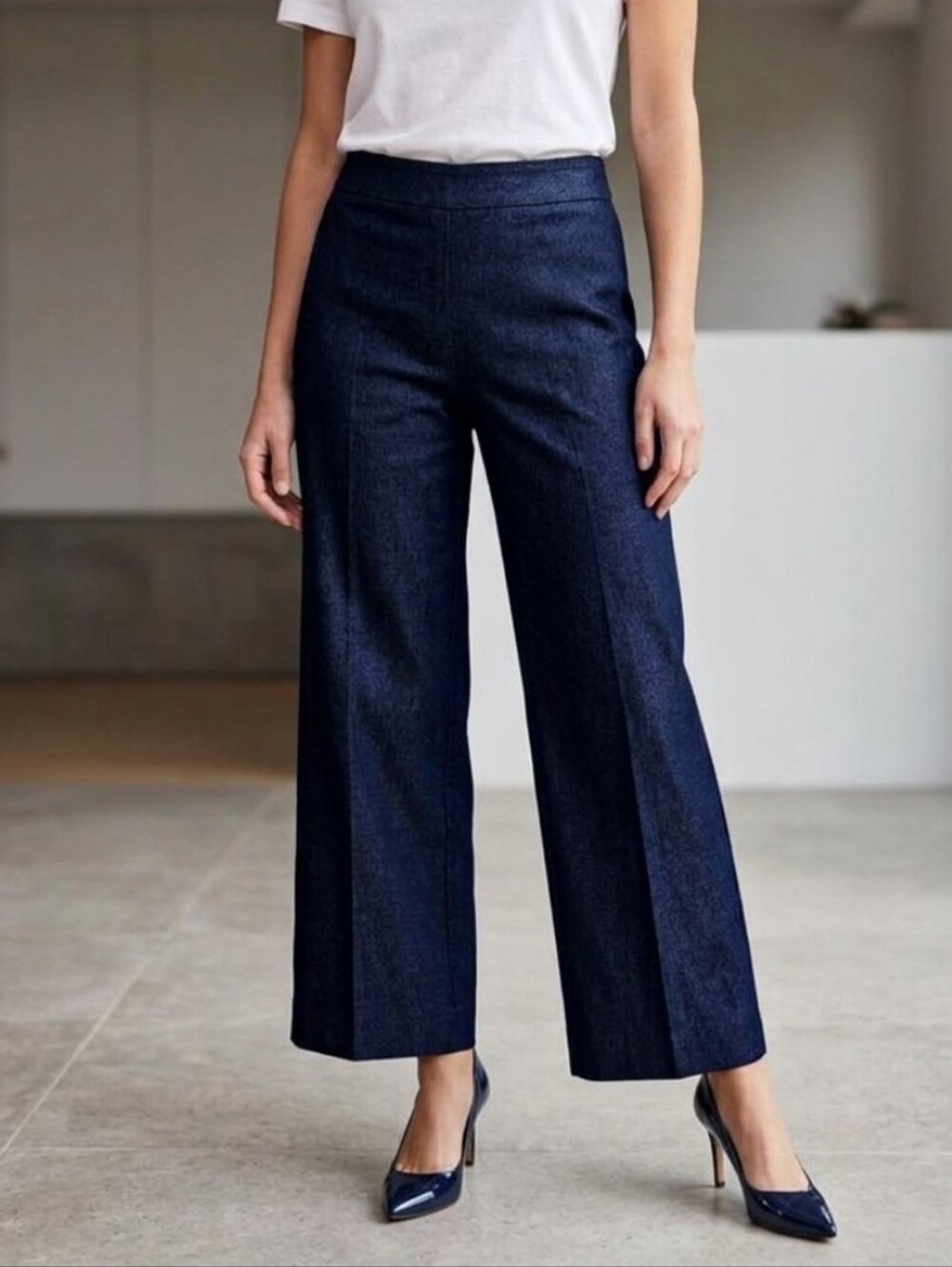 Talbots Wide Leg Faux Denim Trouser Pants Navy Blue Size Zip Flat Front Sz 4